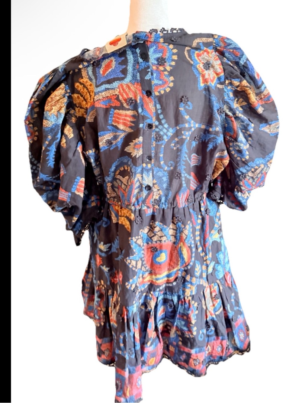 Sunset Tapestry puff sleeve Farm Rio Floral Paisley mini dress boho festival szl - Picture 4 of 8
